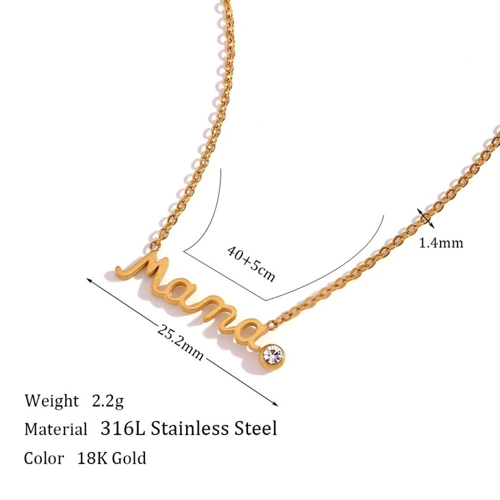 Mama Pendant Necklace Zircon 18K Gold Plated Stainless Steel - Picture 7 of 7